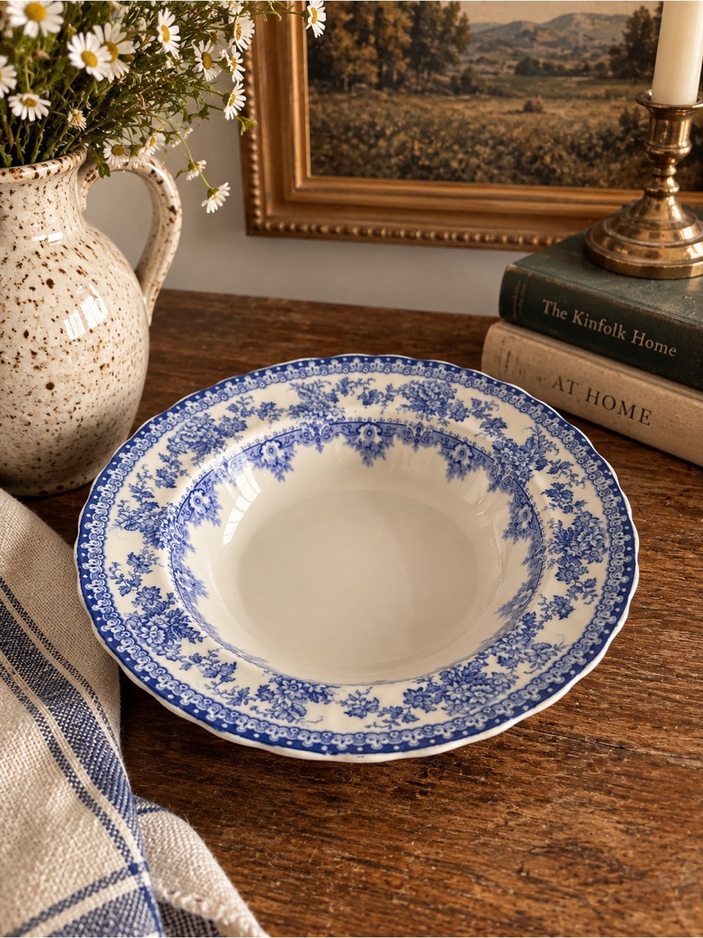 Blue English Ironstone Floral Rim Ceramic Serving Bowl